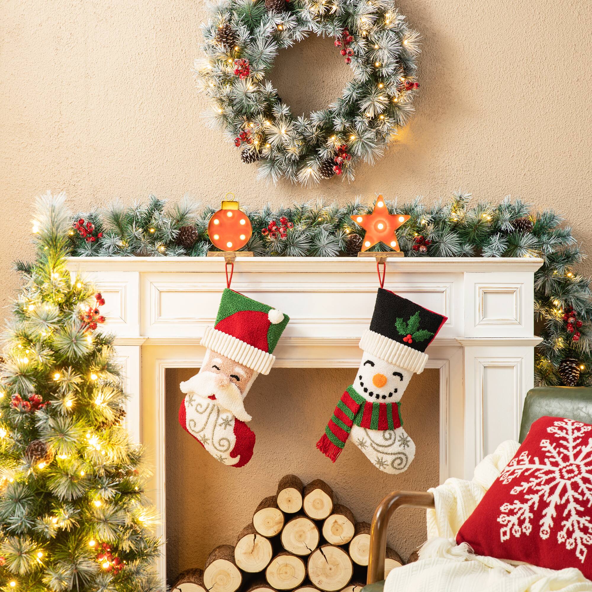 Glitzhome® 20.5" Santa & Snowman Hooked Stocking Set